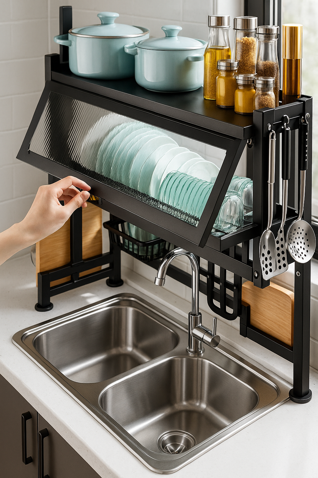 Kitchen Sink Shelf with Cabinet Door – Space-Saving Stainless Steel Organizer