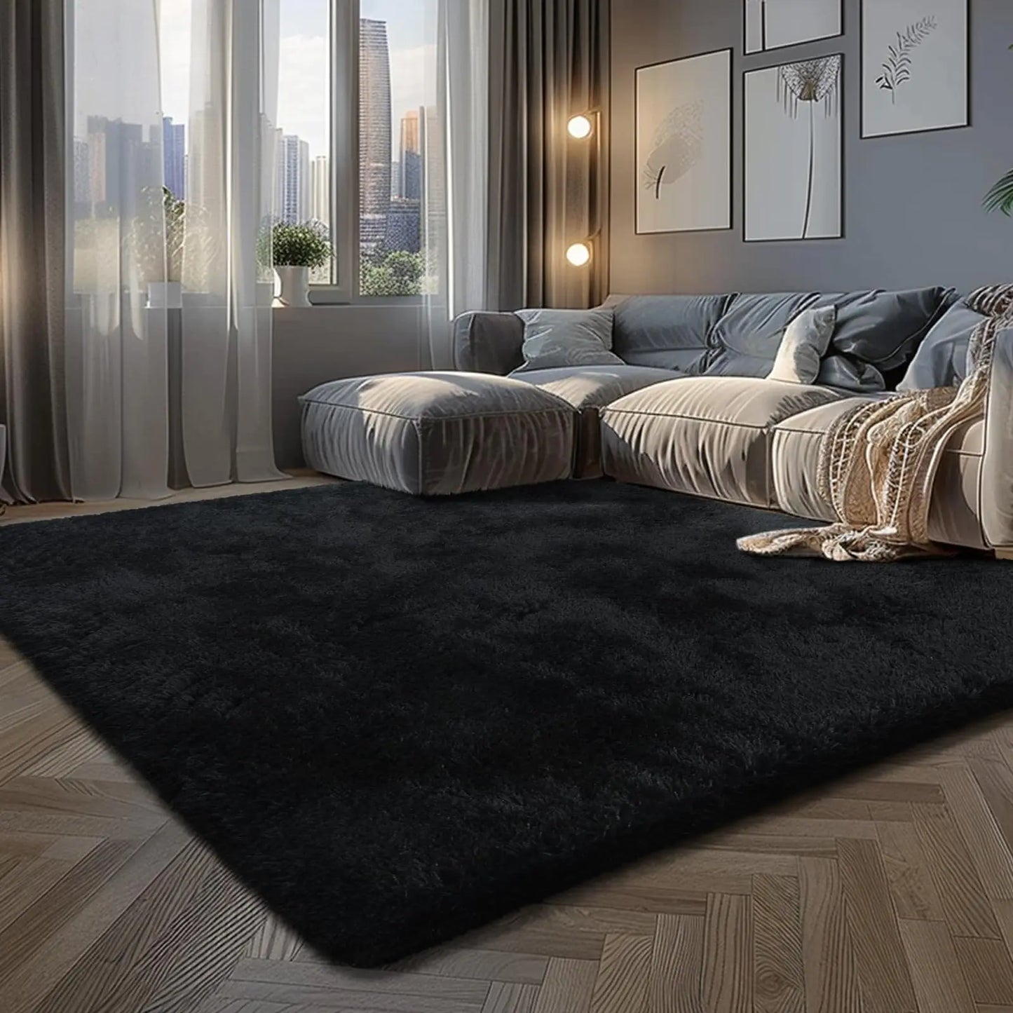 Bedroom Black Fluffy Rug