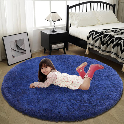Blue Fluffy Round Rug